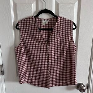 100% Silk Women's Size Large Vintage Red Off White Plaid Button Down Sleeveless